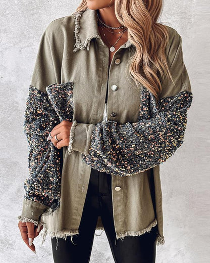 Chicme Contrast Sequin Raw Hem Shacket