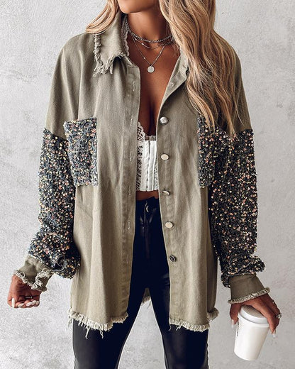 Chicme Contrast Sequin Raw Hem Shacket