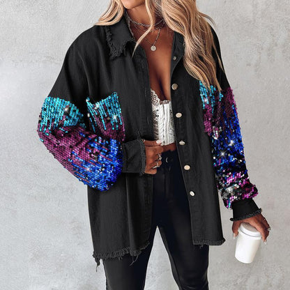 Chicme Contrast Sequin Raw Hem Shacket