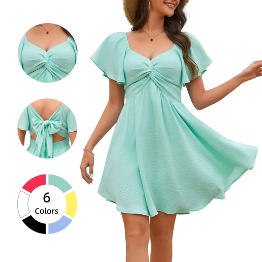 Chicovar Women's Summer Sweetheart NecklineKnot Front Flowy Mini Chiffon Dresses , Flutter Sleeve, Tie-Back, A-Line Cut, No Scratchy, No Sheer, Wedding Guest,Bridal Shower, Church, Party, Casual, or Daily Wear - Seldom Seen Styles