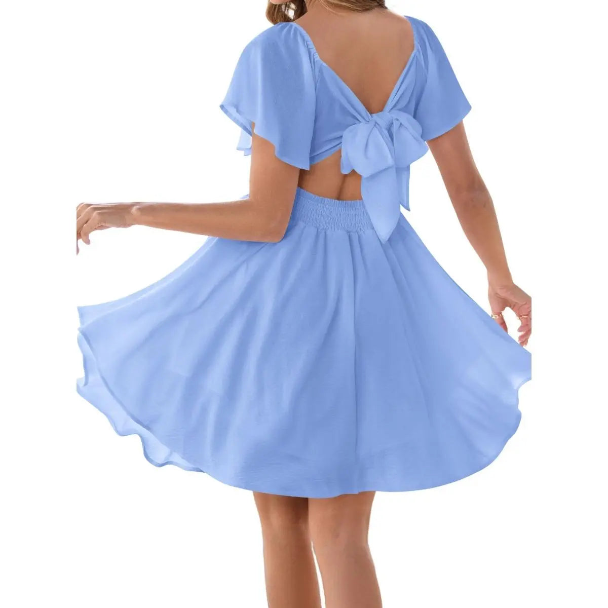 Chicovar Women's Summer Sweetheart NecklineKnot Front Flowy Mini Chiffon Dresses , Flutter Sleeve, Tie-Back, A-Line Cut, No Scratchy, No Sheer, Wedding Guest,Bridal Shower, Church, Party, Casual, or Daily Wear - Seldom Seen Styles