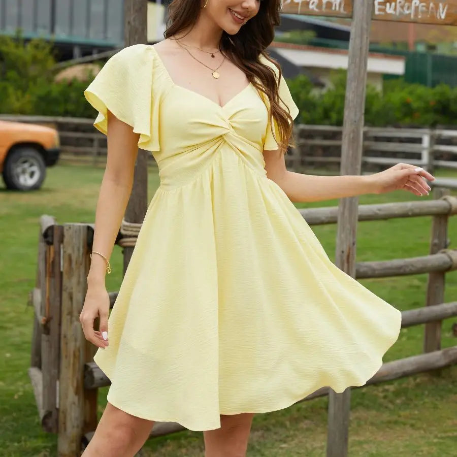 Chicovar Women's Summer Sweetheart NecklineKnot Front Flowy Mini Chiffon Dresses , Flutter Sleeve, Tie-Back, A-Line Cut, No Scratchy, No Sheer, Wedding Guest,Bridal Shower, Church, Party, Casual, or Daily Wear - Seldom Seen Styles