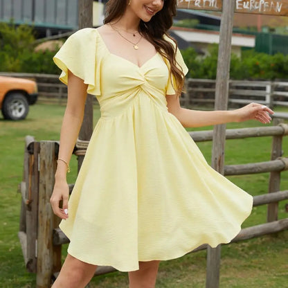 Chicovar Women's Summer Sweetheart NecklineKnot Front Flowy Mini Chiffon Dresses , Flutter Sleeve, Tie-Back, A-Line Cut, No Scratchy, No Sheer, Wedding Guest,Bridal Shower, Church, Party, Casual, or Daily Wear