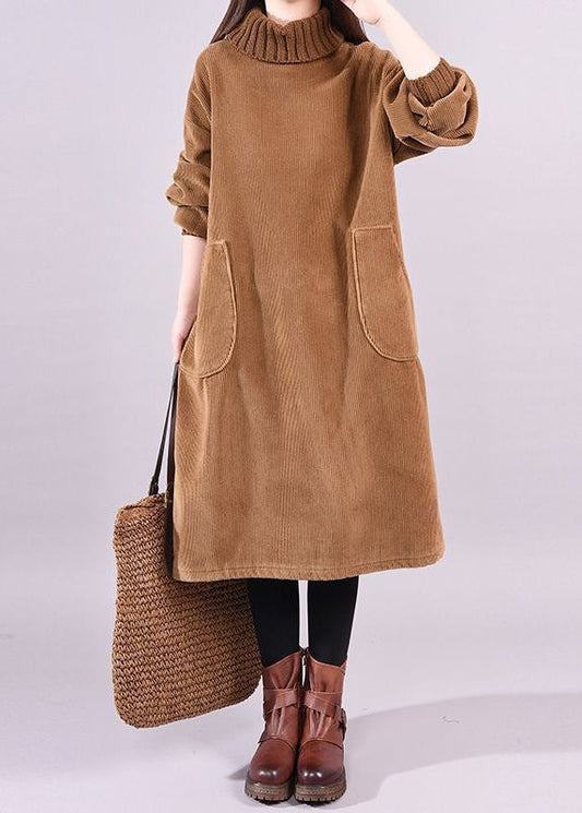 Chocolate Patchwork thick Corduroy Dresses Turtle Neck Long Sleeve - Seldom Seen Styles