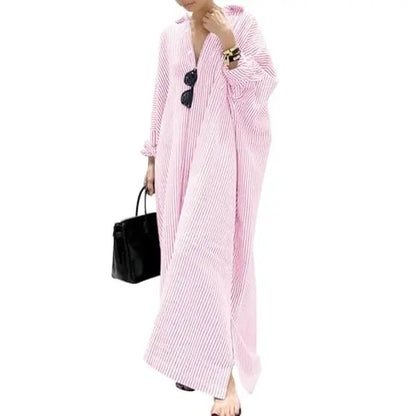 Chouyatou Women's Casual Long Sleeve Button Down Loose Striped Cotton Maxi Shirt Dress