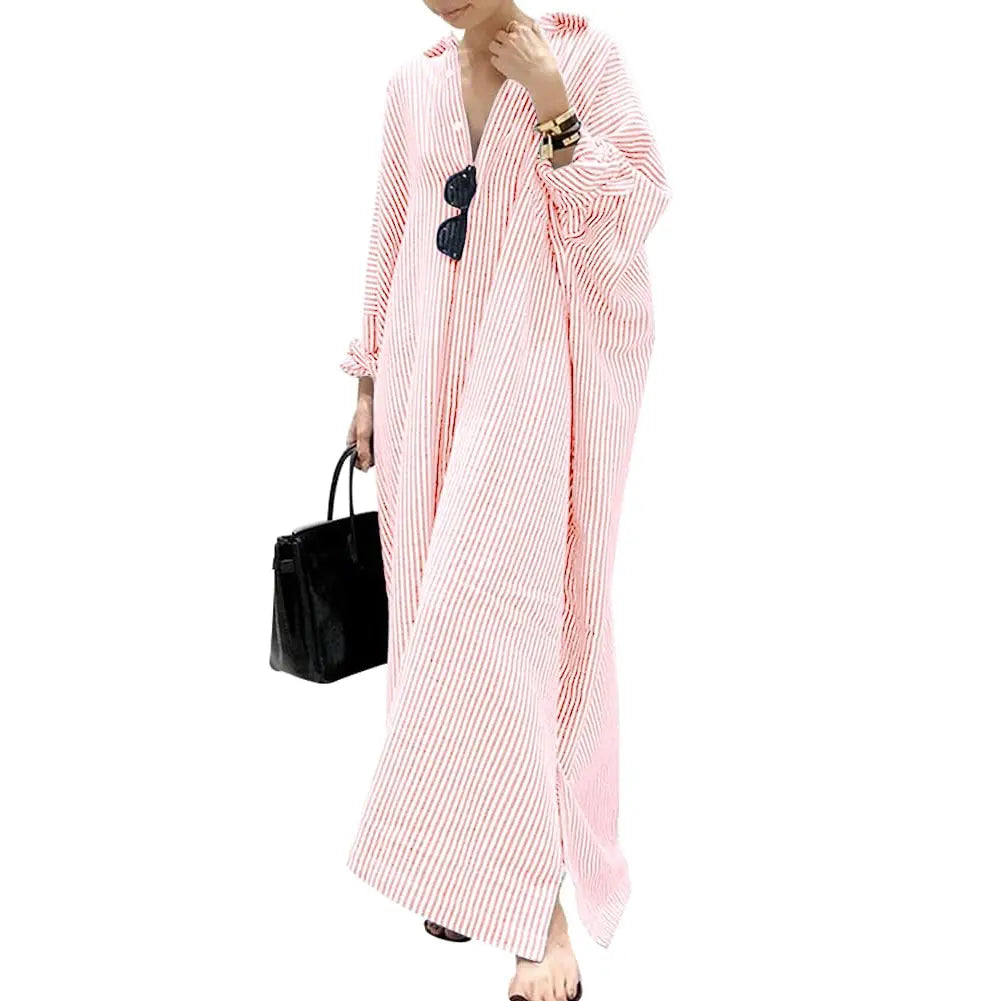 Chouyatou Women's Casual Long Sleeve Button Down Loose Striped Cotton Maxi Shirt Dress - Seldom Seen Styles