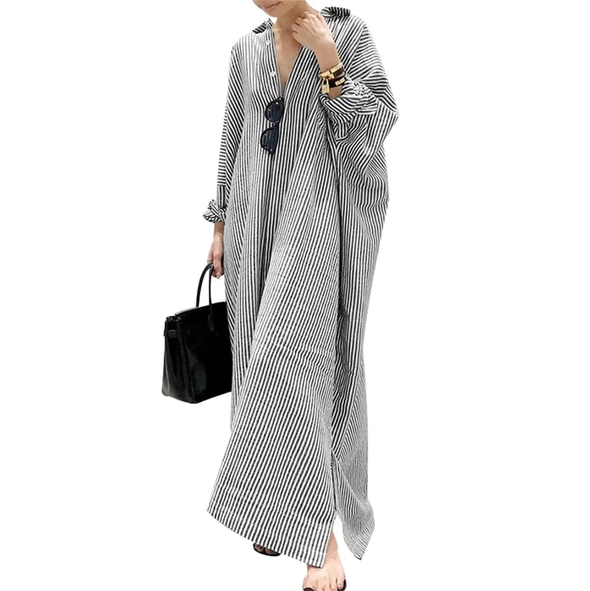 Chouyatou Women's Casual Long Sleeve Button Down Loose Striped Cotton Maxi Shirt Dress - Seldom Seen Styles