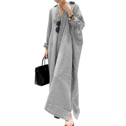Chouyatou Women's Casual Long Sleeve Button Down Loose Striped Cotton Maxi Shirt Dress