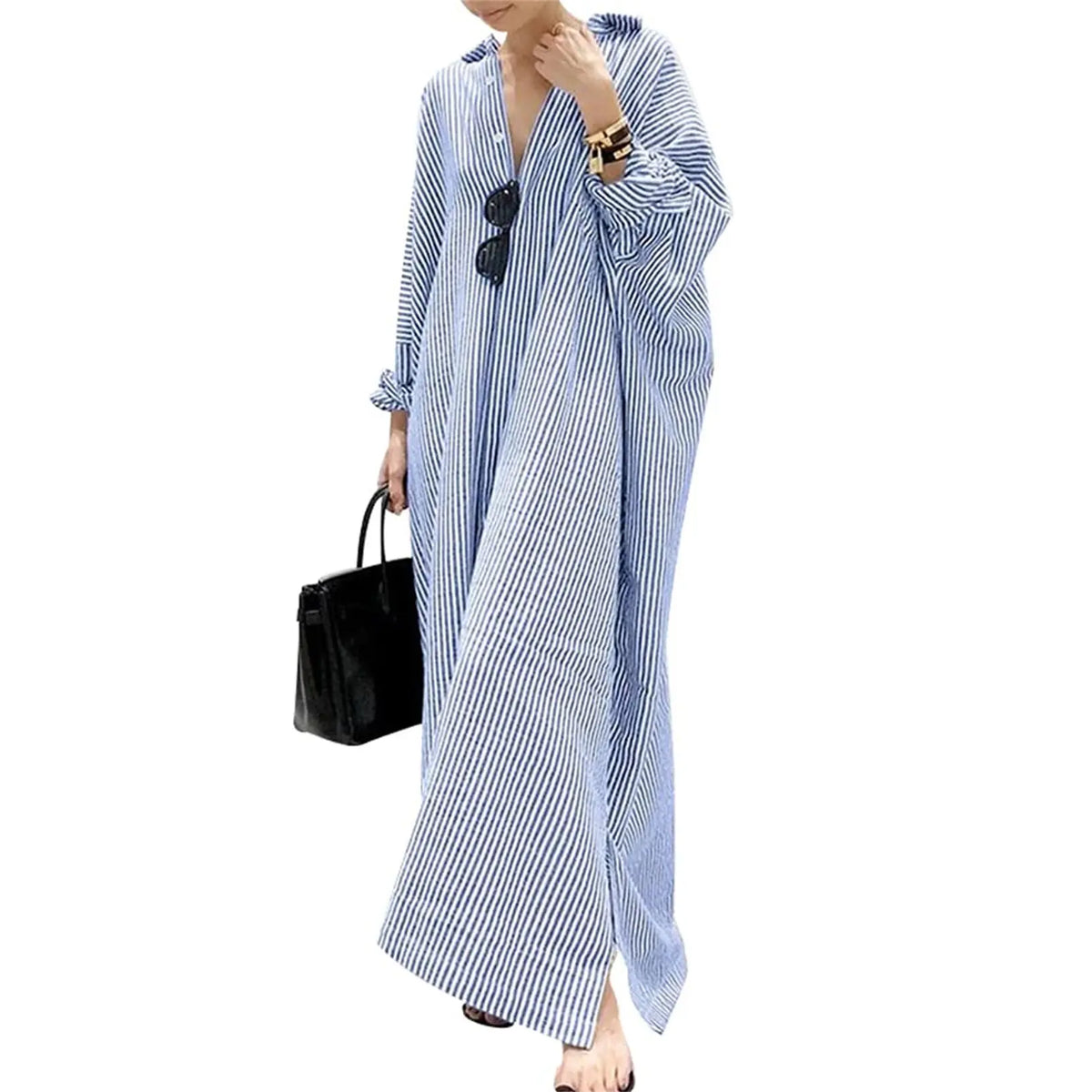 Chouyatou Women's Casual Long Sleeve Button Down Loose Striped Cotton Maxi Shirt Dress - Seldom Seen Styles