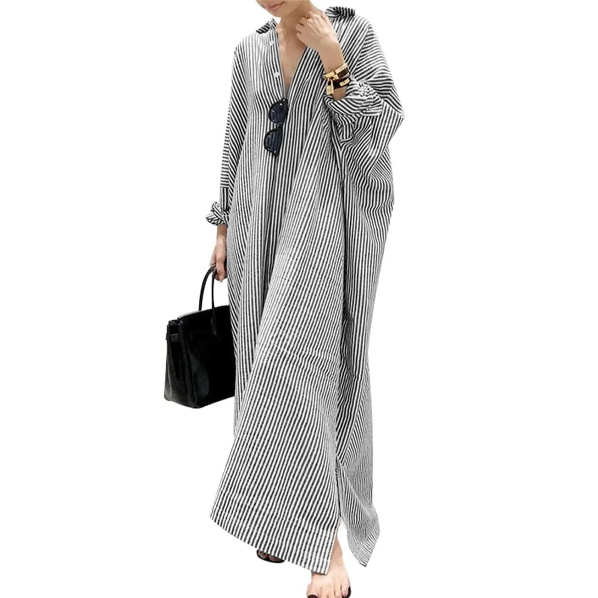Chouyatou Women's Casual Long Sleeve Button Down Loose Striped Cotton Maxi Shirt Dress - Seldom Seen Styles