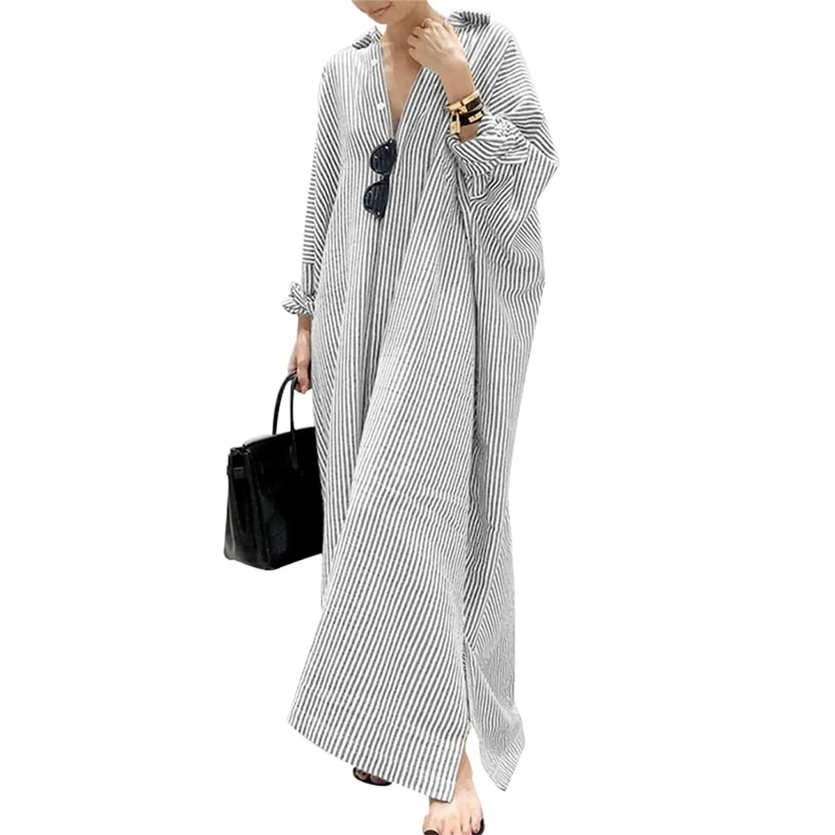 Chouyatou Women's Casual Long Sleeve Button Down Loose Striped Cotton Maxi Shirt Dress - Seldom Seen Styles