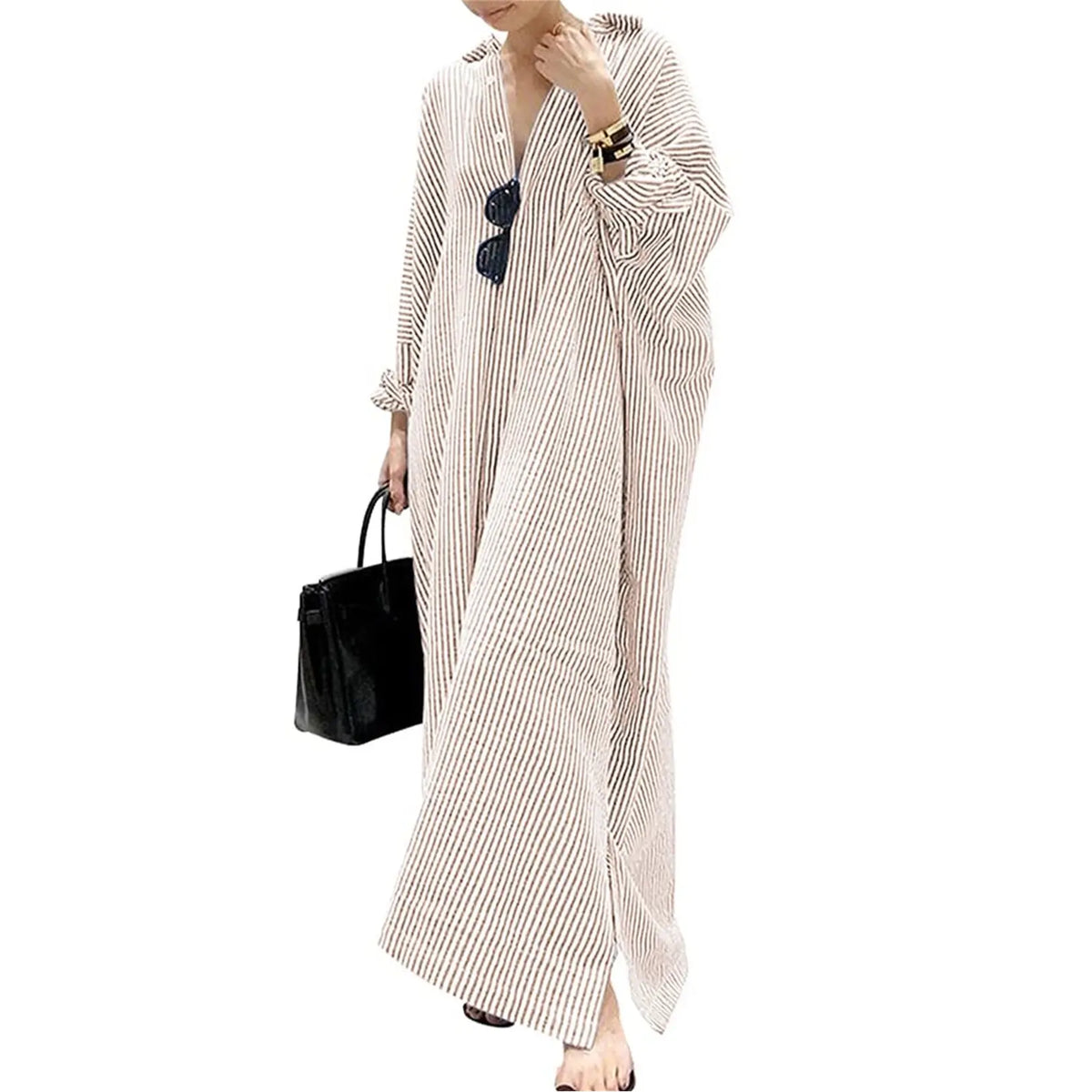 Chouyatou Women's Casual Long Sleeve Button Down Loose Striped Cotton Maxi Shirt Dress - Seldom Seen Styles
