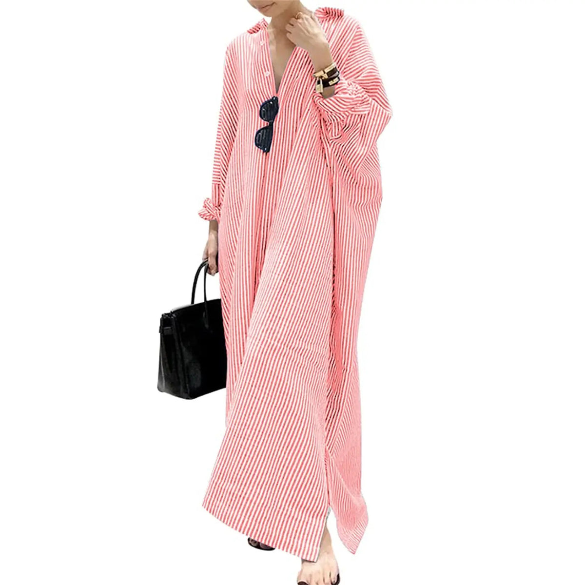Chouyatou Women's Casual Long Sleeve Button Down Loose Striped Cotton Maxi Shirt Dress - Seldom Seen Styles