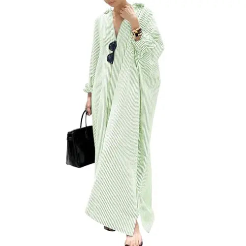 Chouyatou Women's Casual Long Sleeve Button Down Loose Striped Cotton Maxi Shirt Dress - Seldom Seen Styles