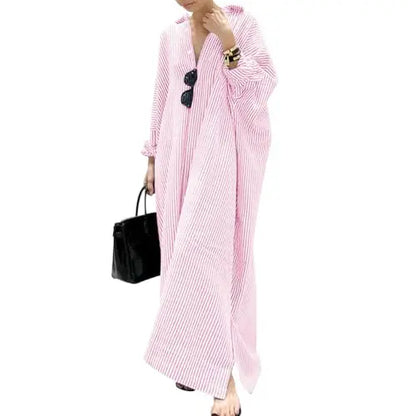 Chouyatou Women's Casual Long Sleeve Button Down Loose Striped Cotton Maxi Shirt Dress
