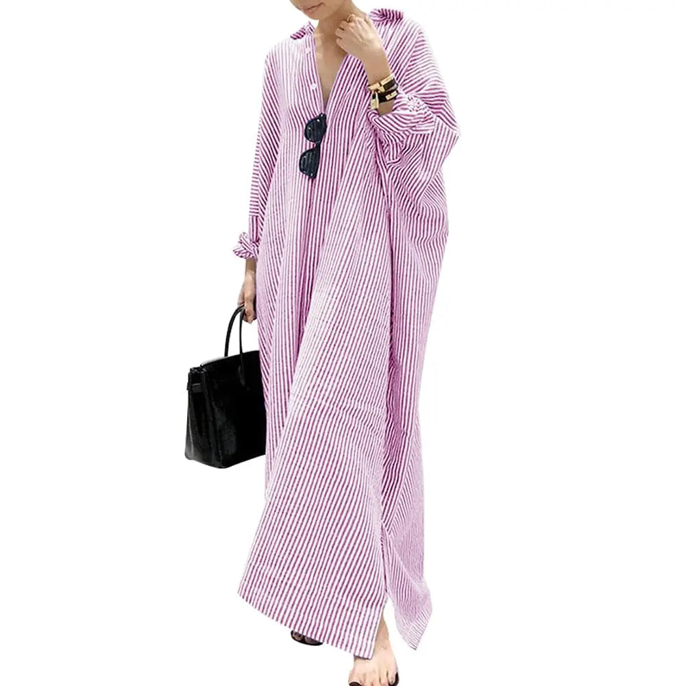 Chouyatou Women's Casual Long Sleeve Button Down Loose Striped Cotton Maxi Shirt Dress - Seldom Seen Styles