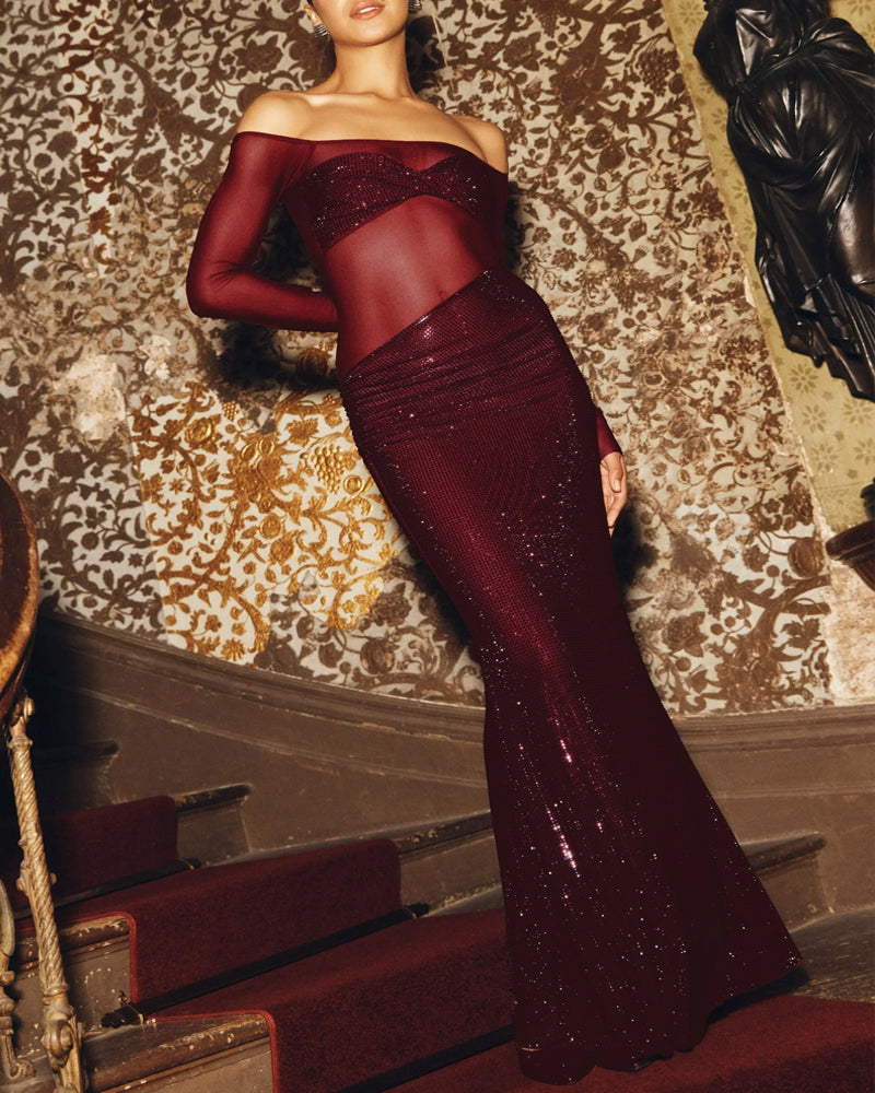 Christmas Sexy Sparkly Off-shoulder Fitted Sheer Mesh Long Dress - Seldom Seen Styles