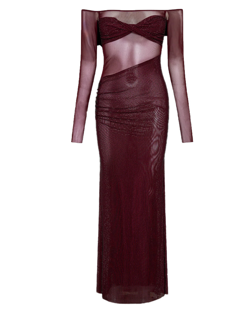 Christmas Sexy Sparkly Off-shoulder Fitted Sheer Mesh Long Dress - Seldom Seen Styles
