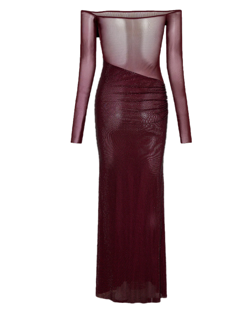 Christmas Sexy Sparkly Off-shoulder Fitted Sheer Mesh Long Dress - Seldom Seen Styles