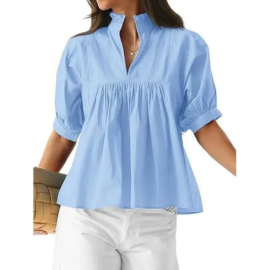 Cicy Bell Womens V Neck Puff Sleeve Blouse Babydoll Peplum Tops Dressy Casual Pleated Loose Fit Shirts - Seldom Seen Styles