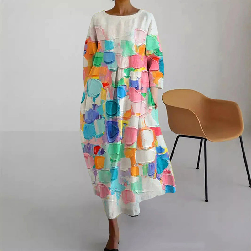 Women's Printed Loose Maxi Dress - Casual Boho Floral A-Line Long Dress with 3/4 Sleeves, Round Neck Flowy Ankle Length Dress for Women Plus Size - Seldom Seen Styles