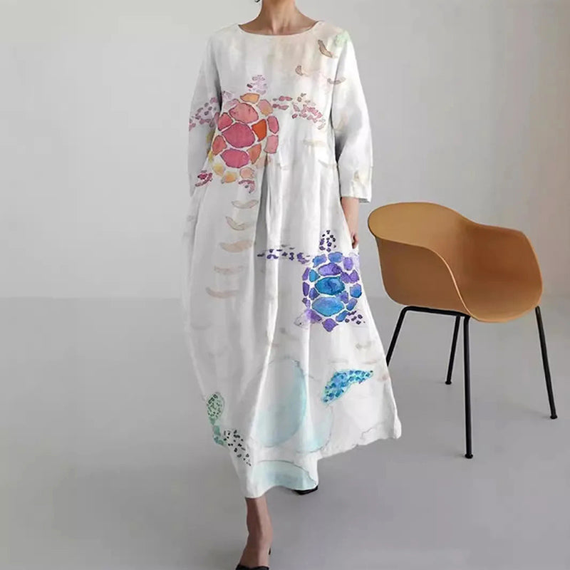 Women's Printed Loose Maxi Dress - Casual Boho Floral A-Line Long Dress with 3/4 Sleeves, Round Neck Flowy Ankle Length Dress for Women Plus Size - Seldom Seen Styles