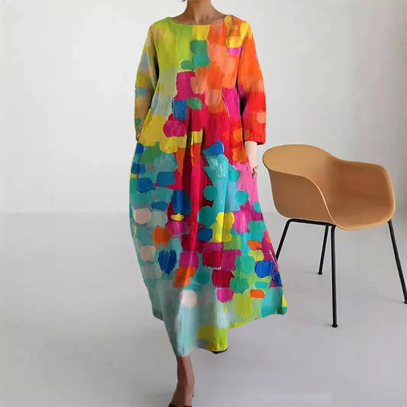 Women's Printed Loose Maxi Dress - Casual Boho Floral A-Line Long Dress with 3/4 Sleeves, Round Neck Flowy Ankle Length Dress for Women Plus Size - Seldom Seen Styles