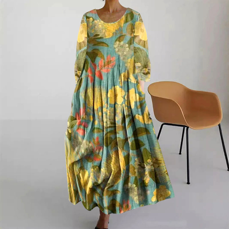 Women's Printed Loose Maxi Dress - Casual Boho Floral A-Line Long Dress with 3/4 Sleeves, Round Neck Flowy Ankle Length Dress for Women Plus Size - Seldom Seen Styles