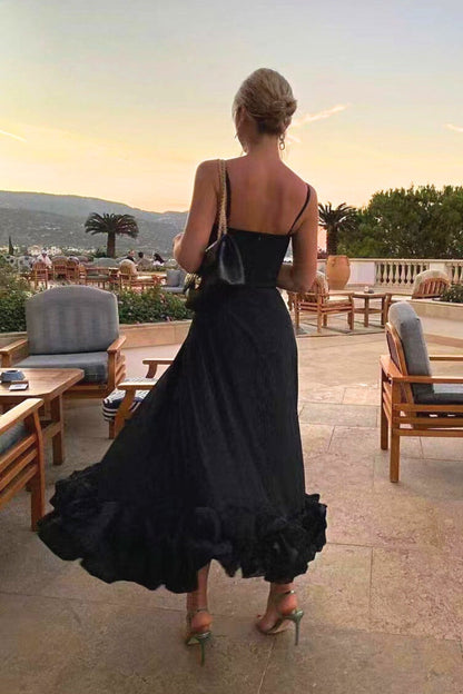 Clarke London Spaghetti Strap Maxi Dress Flared Skirt Ruffle Hem