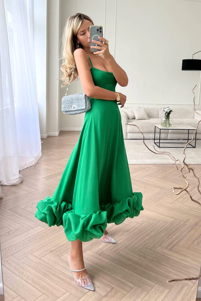 Clarke London Spaghetti Strap Maxi Dress Flared Skirt Ruffle Hem - Seldom Seen Styles