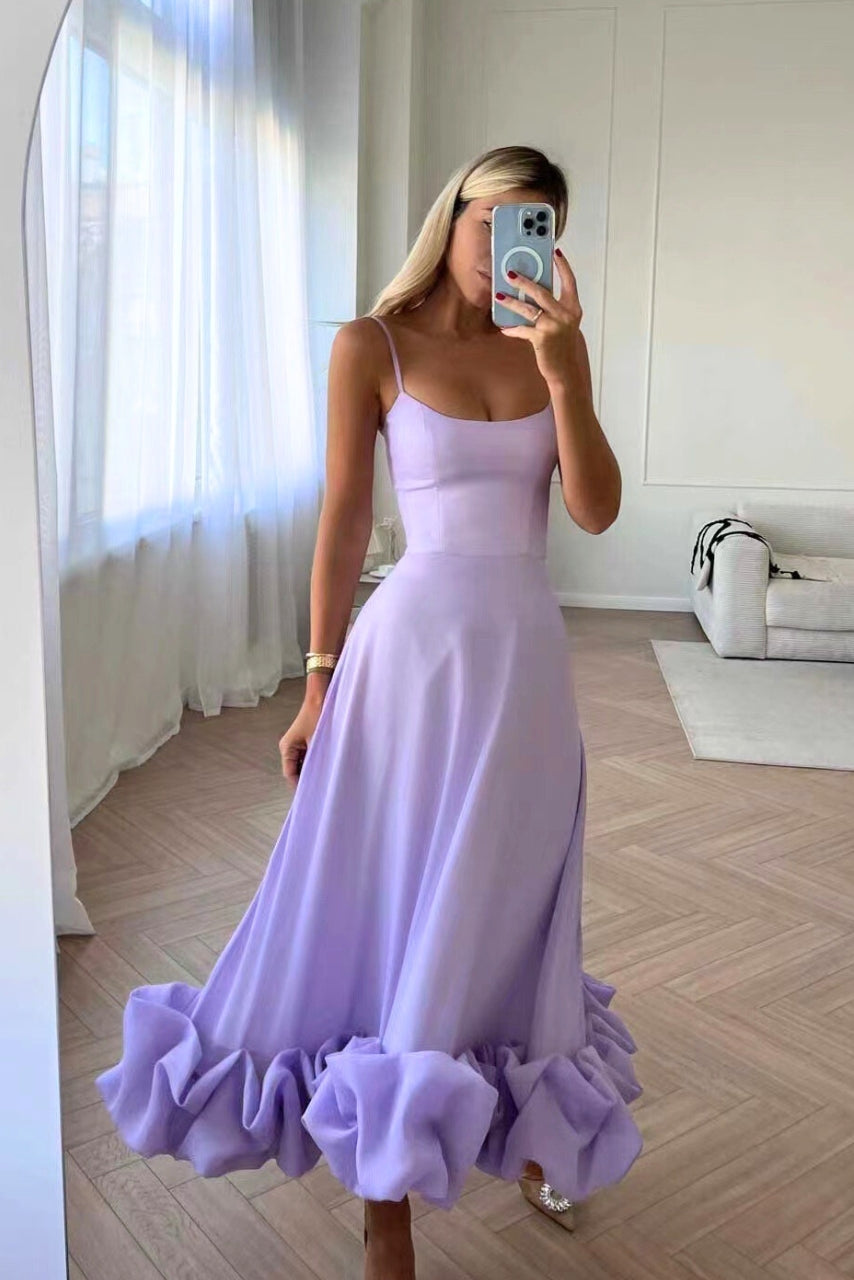 Clarke London Spaghetti Strap Maxi Dress Flared Skirt Ruffle Hem - Seldom Seen Styles
