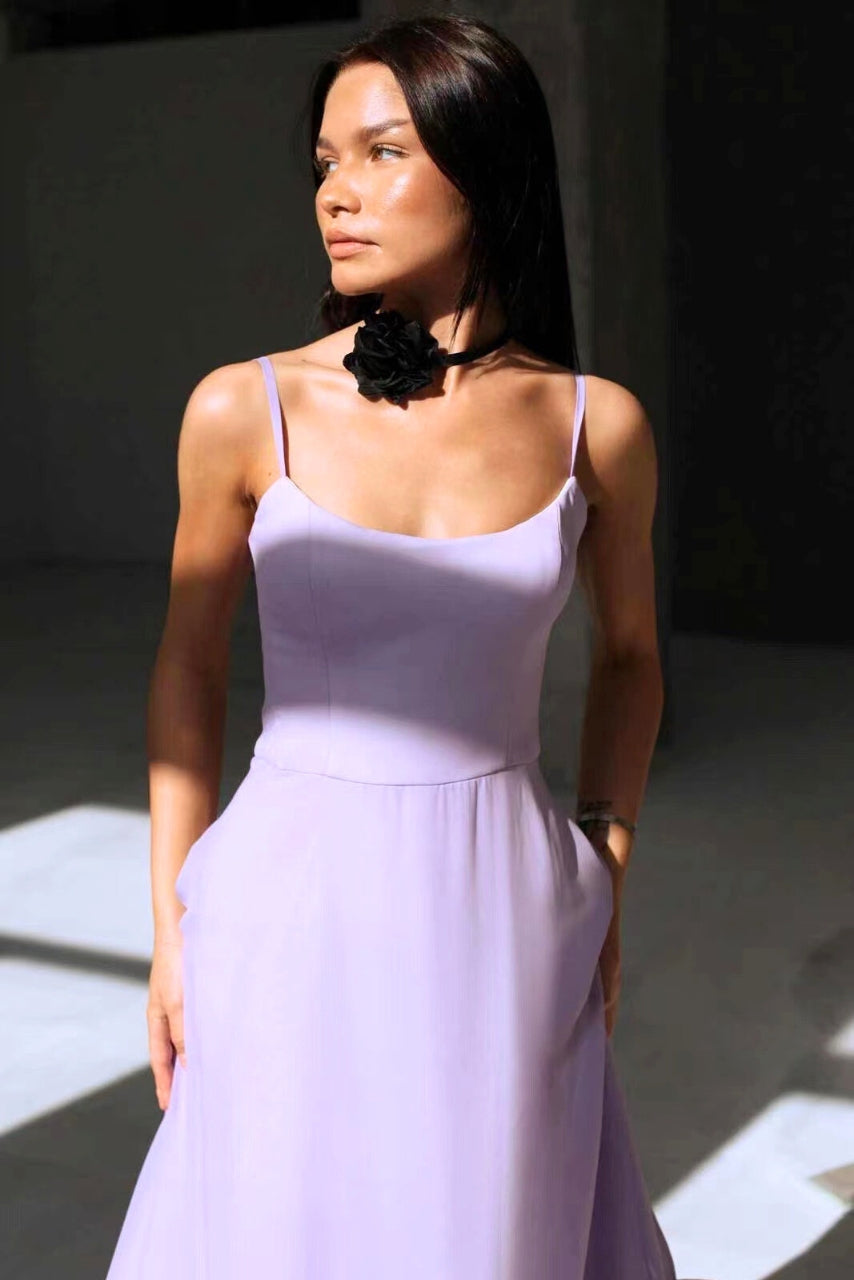 Clarke London Spaghetti Strap Maxi Dress Flared Skirt Ruffle Hem - Seldom Seen Styles