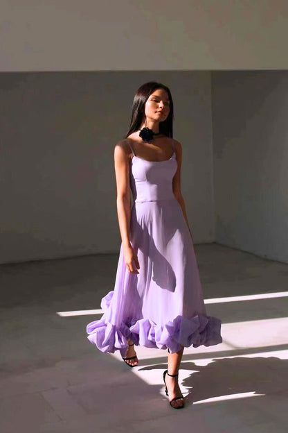 Clarke London Spaghetti Strap Maxi Dress Flared Skirt Ruffle Hem