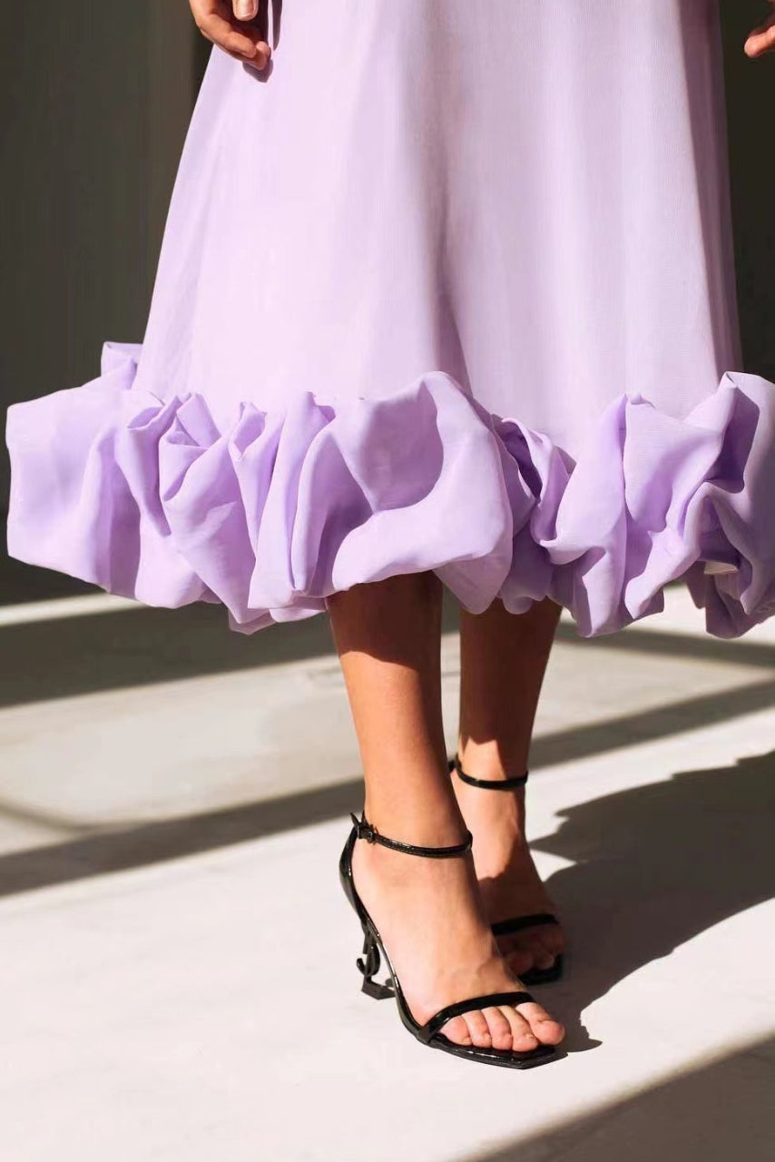 Clarke London Spaghetti Strap Maxi Dress Flared Skirt Ruffle Hem - Seldom Seen Styles