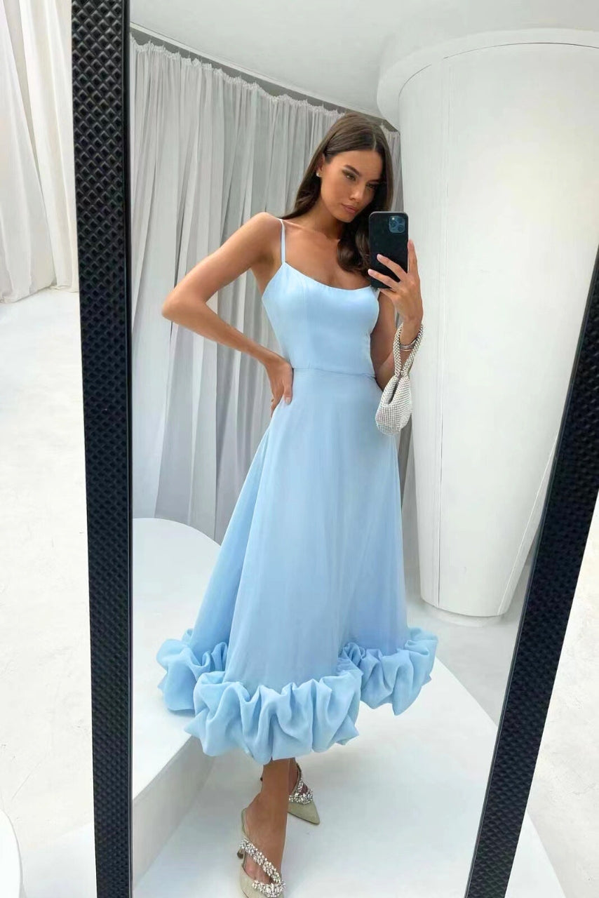 Clarke London Spaghetti Strap Maxi Dress Flared Skirt Ruffle Hem - Seldom Seen Styles