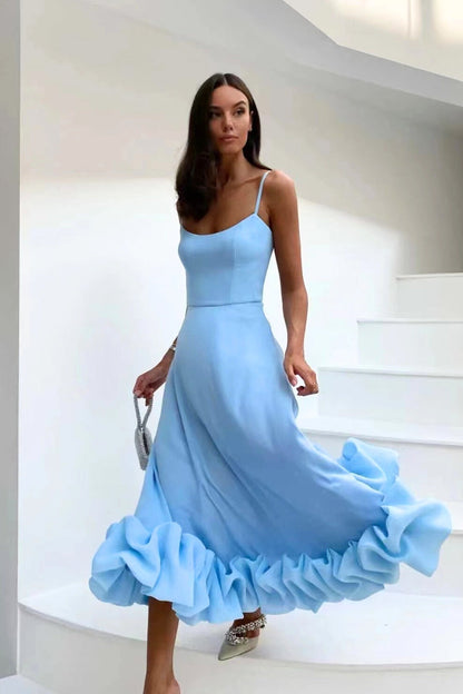 Clarke London Spaghetti Strap Maxi Dress Flared Skirt Ruffle Hem