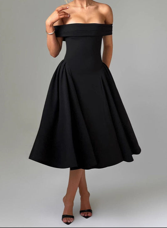 Clean | Dress with bare shoulders, flared midi - Seldom Seen Styles