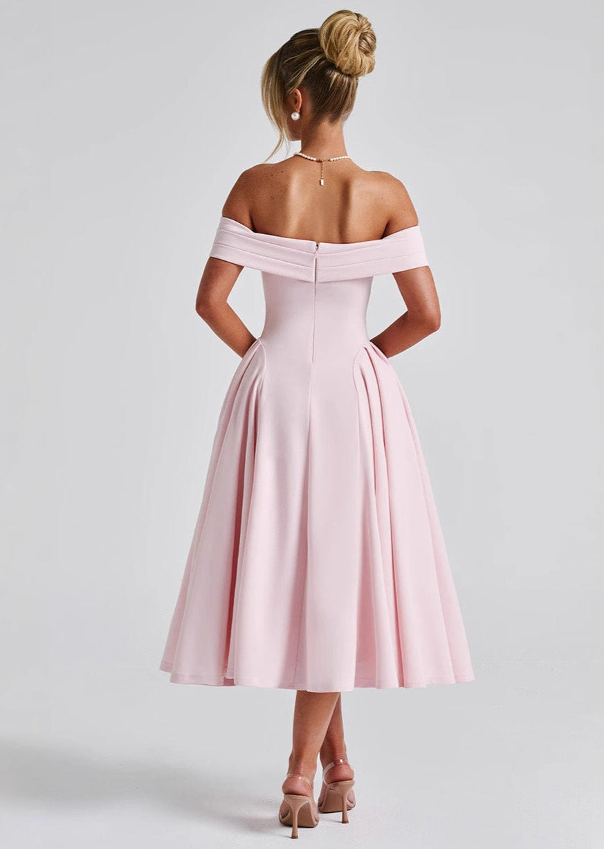 Clean | Dress with bare shoulders, flared midi - Seldom Seen Styles