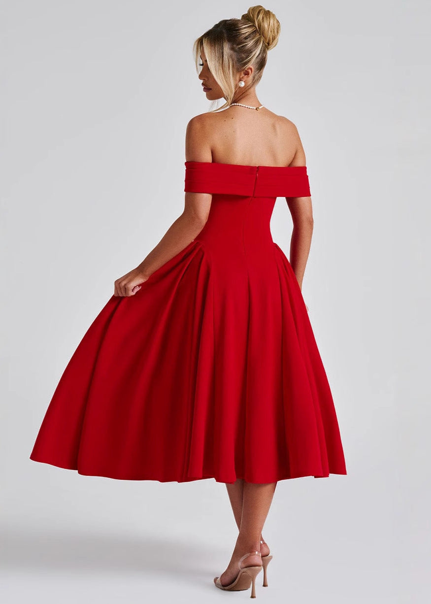 Clean | Dress with bare shoulders, flared midi - Seldom Seen Styles