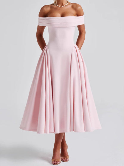 Sauber | Schulterfreies Kleid, ausgestellter Midi
