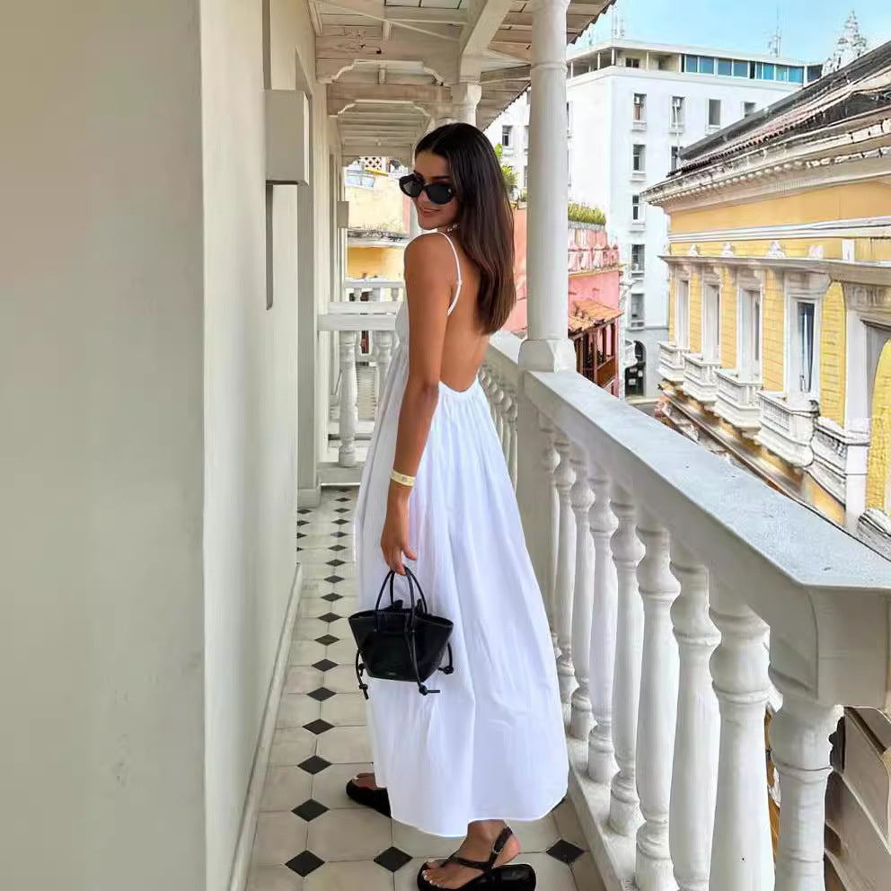 Coastal Cowgirl Open Back Long Dress Summer New Women's Fashion  Style Camisole V Solid Color Versatile Backless Dress - Seldom Seen Styles