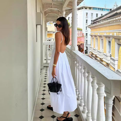 Coastal Cowgirl Open Back Langes Kleid Sommer Neue Damenmode Stil Camisole V Einfarbig Vielseitiges rückenfreies Kleid