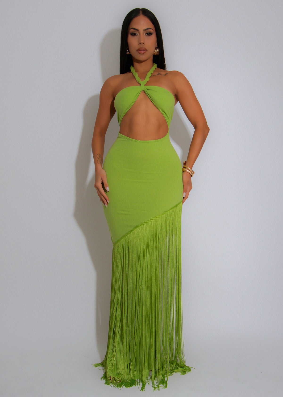 Coastal Rhythm Fringe Maxi Dress Green - Seldom Seen Styles
