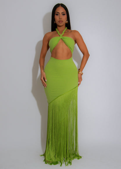 Coastal Rhythm Fringe Maxi Dress Green