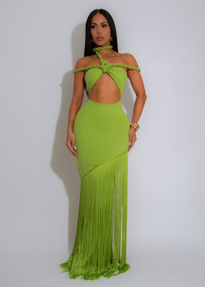 Coastal Rhythm Fringe Maxi Dress Green