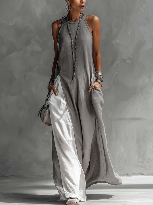 Color Block Gray Sleeveless Cotton Linen Maxi Dress - Seldom Seen Styles