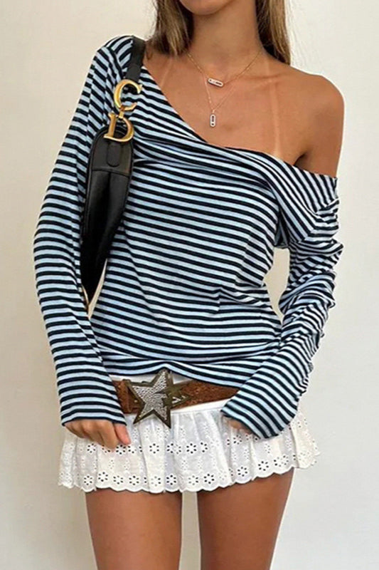 Color Block Striped V Neck Loose Knit Long Sleeve Blouse - Seldom Seen Styles