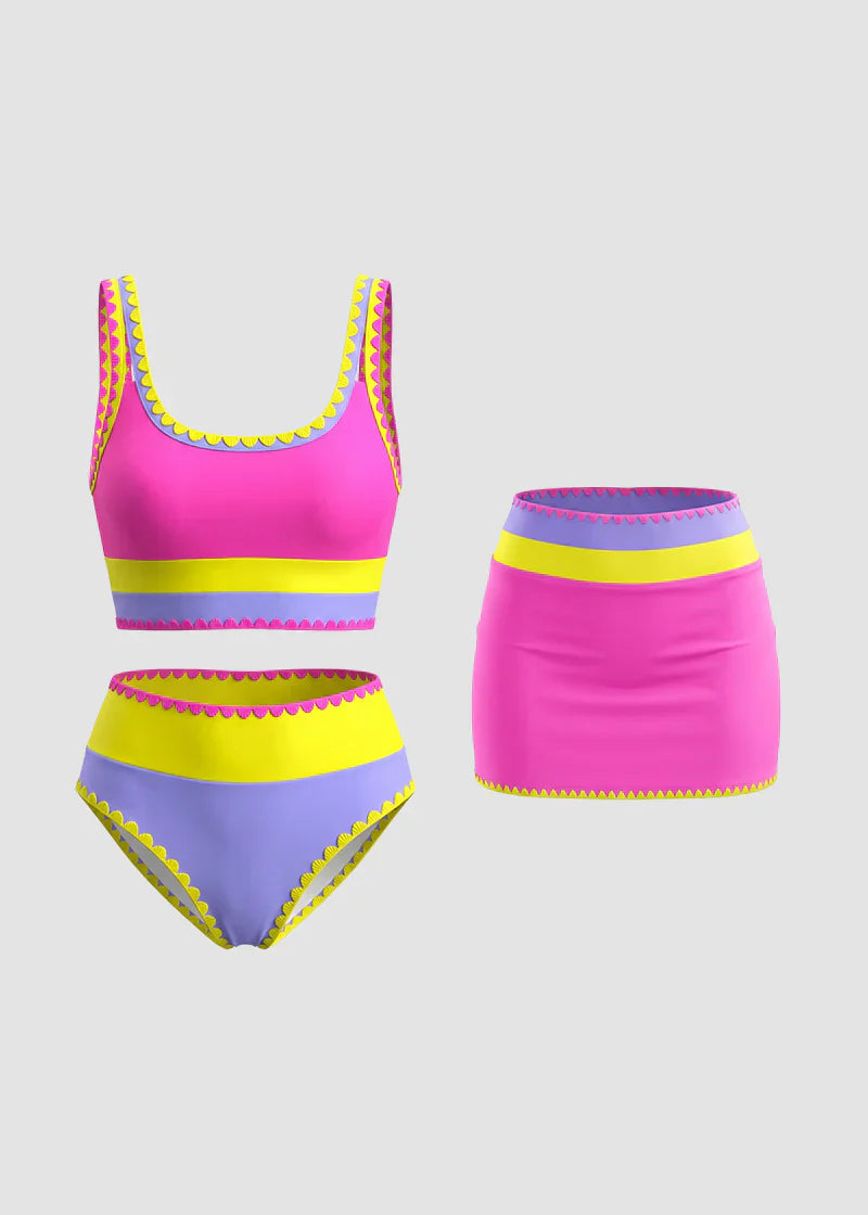Color Contrast Patchwork Nylon Sporty 3 Piece Bikini Sets - Seldom Seen Styles