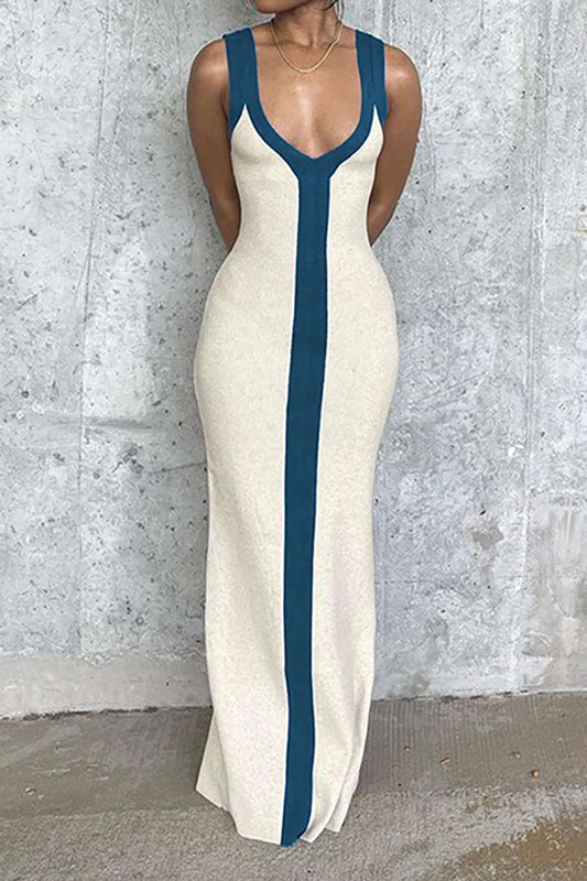 Colorblock V-neck Ribbed Split Maxi Dress - Seldom Seen Styles