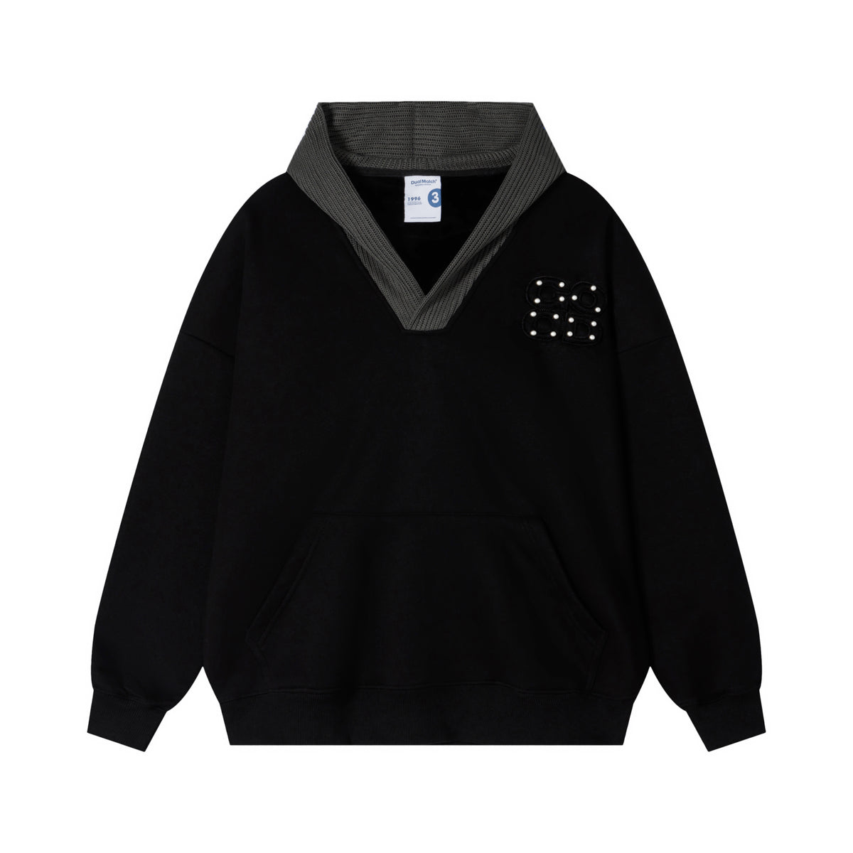 Contrast Collar V-Neck Pearl Embellished Hoodie - Seldom Seen Styles